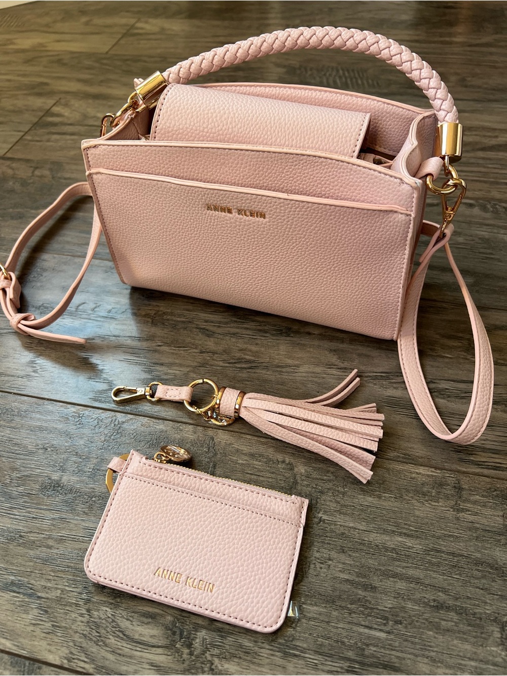 Anne Klein Blush Pink Pebbled Leather Crossbody with Card Holder & Tassel